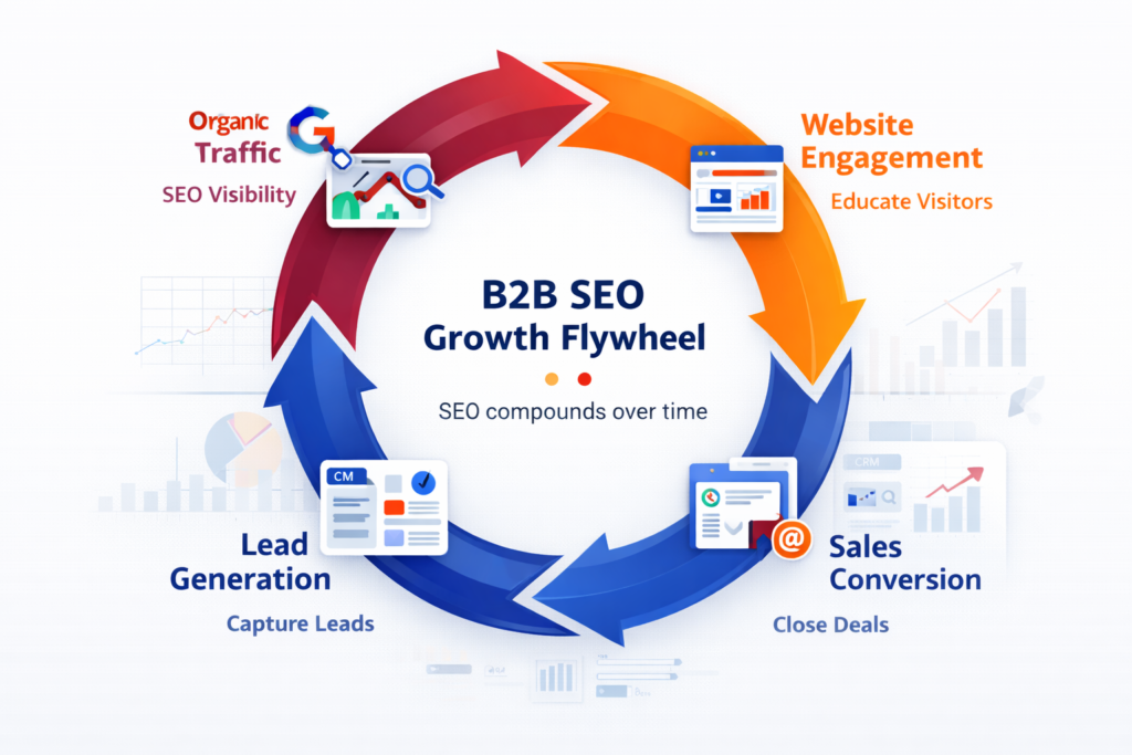 B2B SEO flywheel showing traffic, leads, and revenue growth cycle