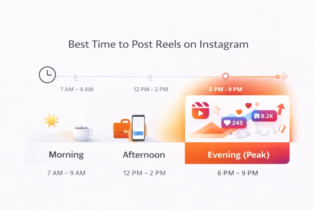 Infographic showing best time to post Instagram Reels with morning afternoon and evening engagement peaks.