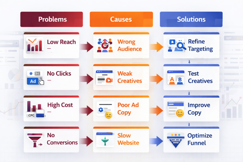 Facebook ads issues with causes and solutions infographic for better results