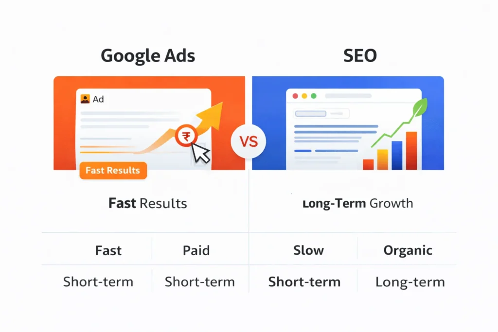 Comparison graphic showing differences between Google Ads and SEO for small businesses.