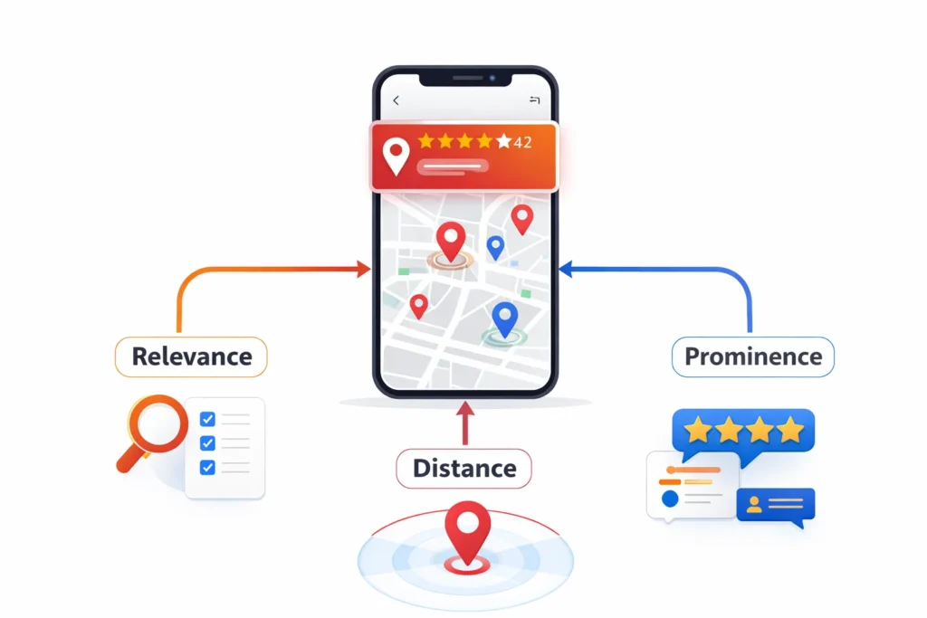 Illustration showing relevance distance and prominence factors affecting Google Maps rankings.