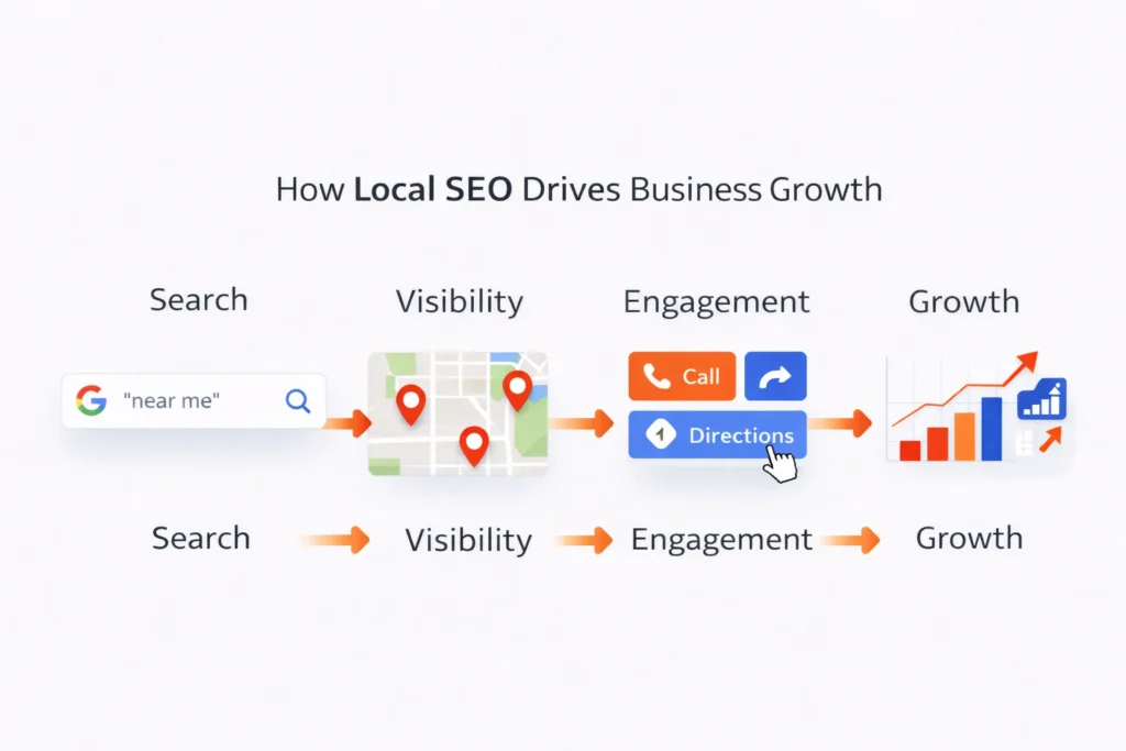 Infographic showing how local SEO drives business growth from search visibility to customer engagement and conversions.