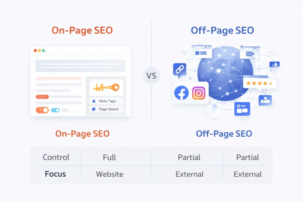 Infographic showing difference between on-page SEO and off-page SEO techniques.