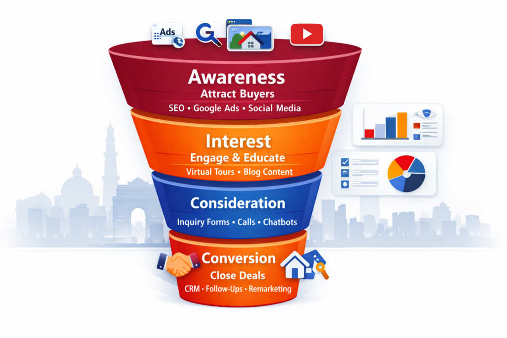 Digital marketing funnel for real estate leads and conversions in Delhi