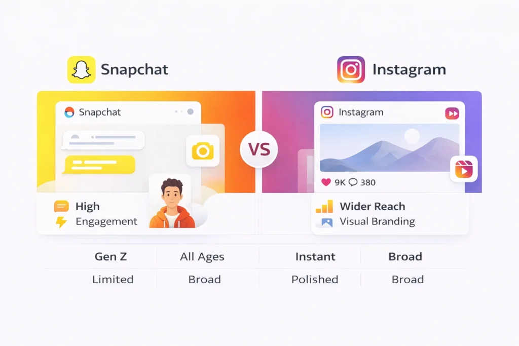 Comparison infographic showing differences between Snapchat and Instagram marketing platforms.