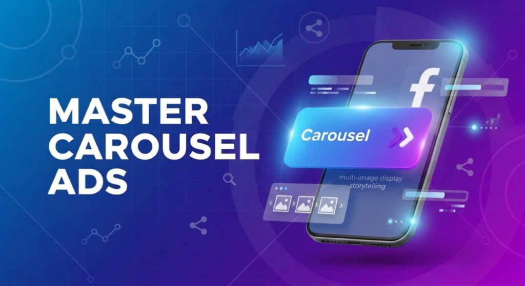 Bold, dense digital marketing graphic with complex background icons and large text reading 'MASTER CAROUSEL ADS' and a popping smartphone.