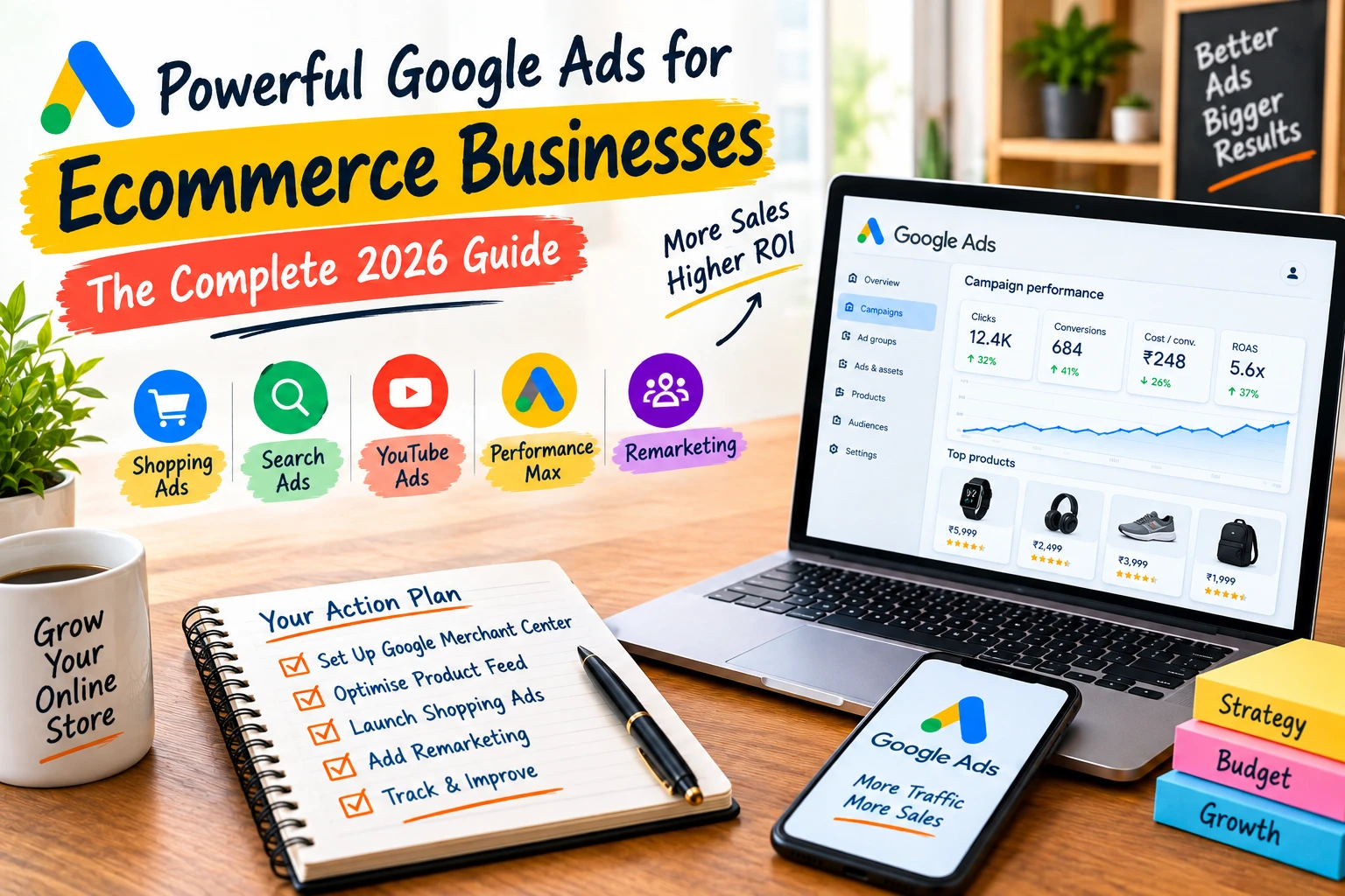 Google Ads for ecommerce businesses 2026 showing Shopping Ads, Search Ads, Performance Max, YouTube Ads and remarketing