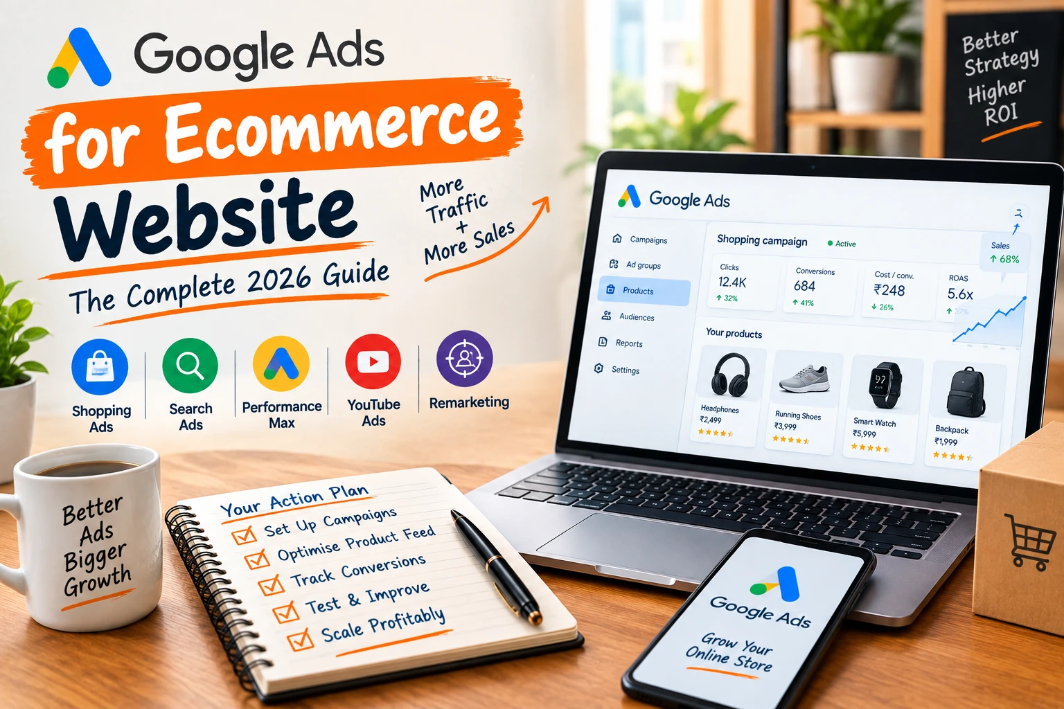 Google Ads for ecommerce website 2026 campaign strategy with Shopping, Search, Performance Max and remarketing