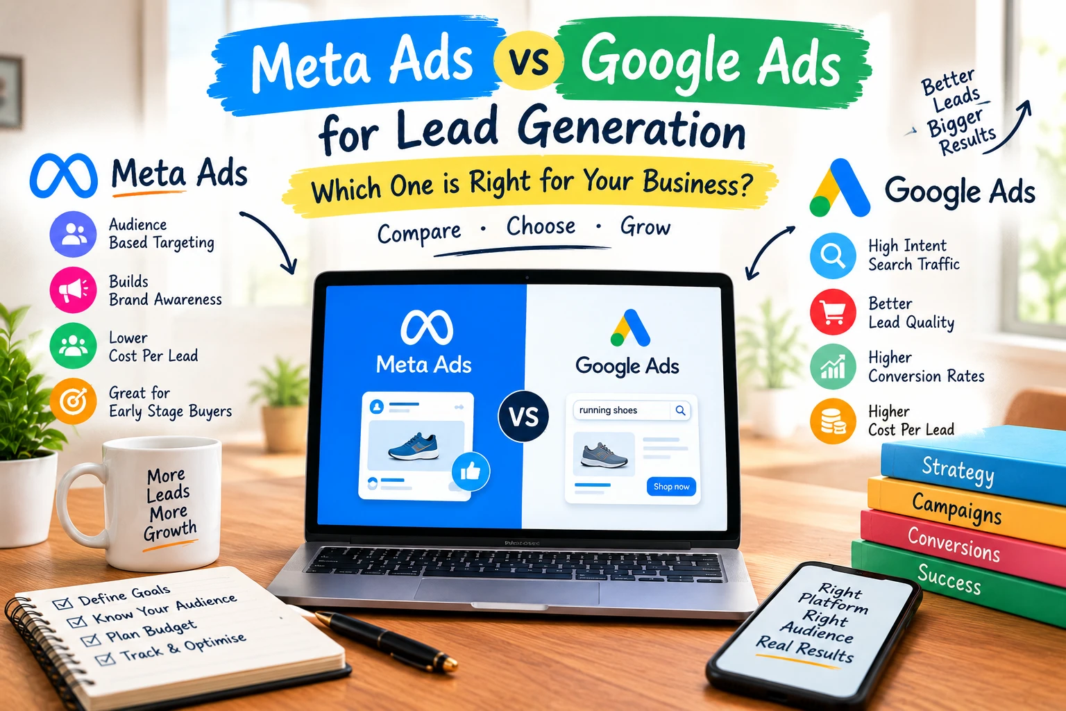 Meta Ads vs Google Ads for lead generation 2026 comparison showing audience targeting, lead quality, cost per lead and conversion by Dizispark